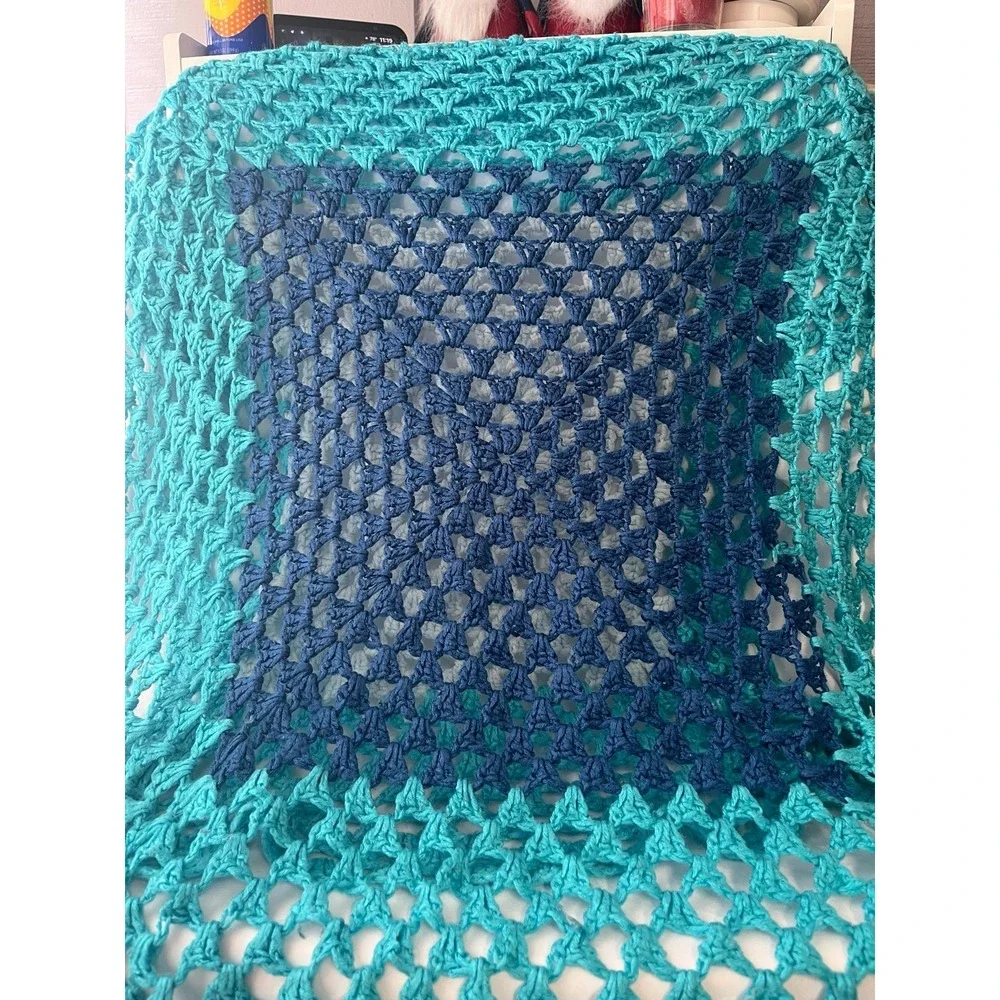 Handmade Crochet Granny Square Throw Blanket Blue White Teal Afghan Lap Blanket